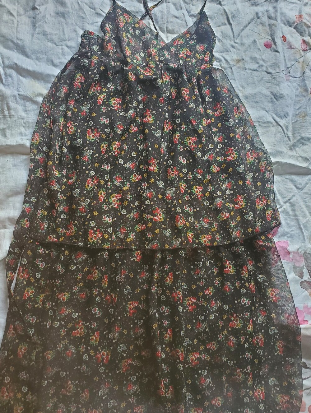 Floral Black Tiered Midi Dress - Lightweight Women's Size Small